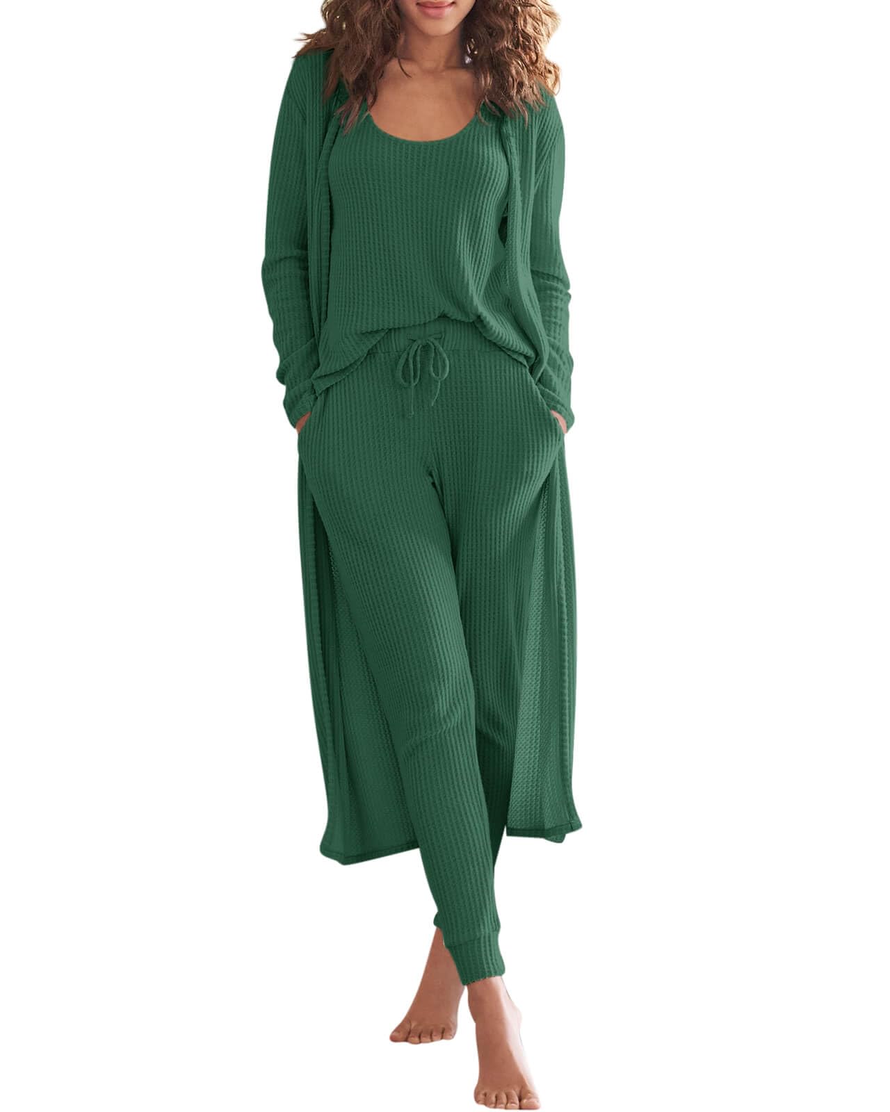 Photo 1 of **HAS ODOR/POSSIBLY MISSING ROBE** Eurivicy Womens Trendy Lounge Set Waffle Knit 3 Piece Pajamas Set Tank Top Loose Pants with Long Cardigan Tracksuit Sweatsuit Dark Green