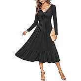 AUSELILY Women's Empire Waist Dress Long Sleeve V Neck Drawstring Long Flowy A-line Midi Casual Fall Dresses 2025