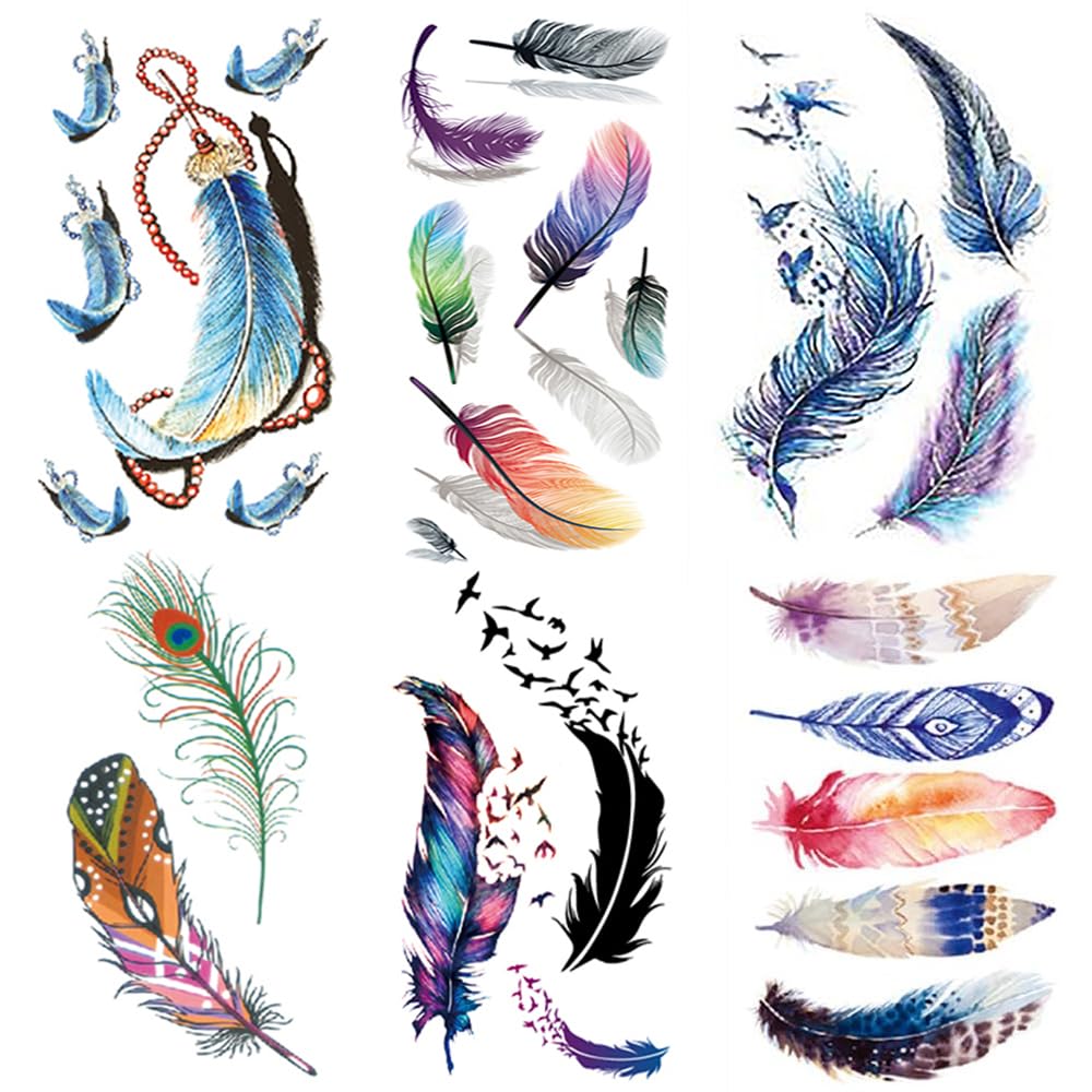Yesallwas 6 Sheets Small Feather Temporary Tattoo Sticker Fake Tattoos for Women Girls Models,Waterproof Long Lasting Body Art Makeup Sexy Realistic Arm Tattoos
