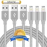 Aonsen Lightning Cable 3Pack 10FT Nylon Braided Certified iPhone Cable USB Cord Charging Charger for iPhone X/8/8 Plus/7/7 Plus/6s/6s Plus/6/6 Plus/5/5S/5C/SE/iPad Grey