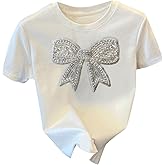 Floerns Women's Cute Short Sleeve T Shirts Bowknot Sequin Crew Neck Going Out Tee Tops