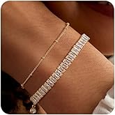 TONTMY STUDIOS Bracelet for Women Gold Layered Set 14K Gold Filled Stackable Bracelets Trendy Figaro Satellite Chain Cuban Link Minimalist Dainty Bracelet Tennis Bracelet Jewelry