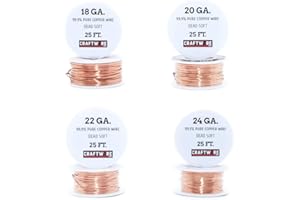 CRAFTWIRE USA Solid Bare Copper Wire Round, Bright, Dead Soft, 25 Feet 18, 20, 22, 24 Gauge