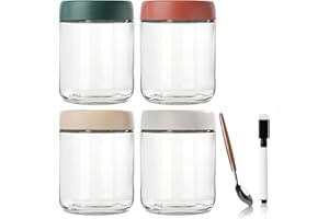DIMBRAH Overnight Oats Containers with Lids, Mason Jars 16oz with Lids - Set Of 4, Practical Oatmeal Container to Go, Chia Seed Pudding Jars, with Spoon and Marker