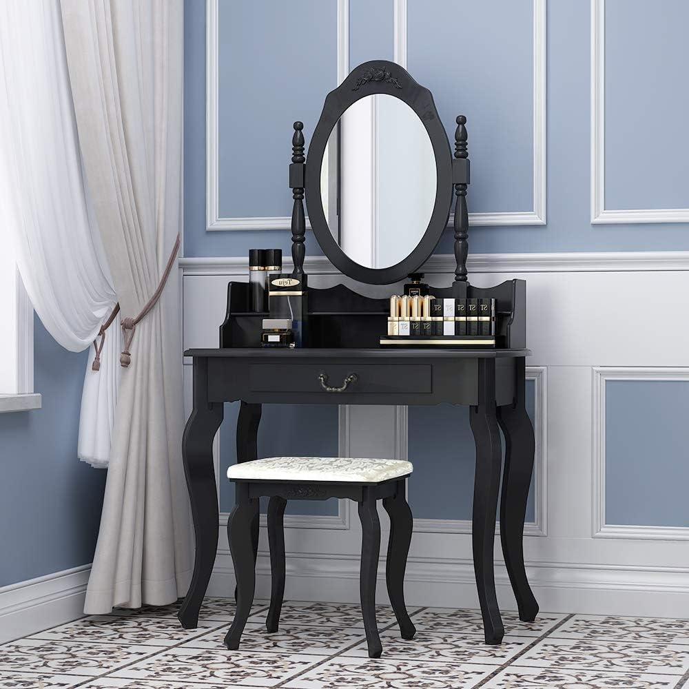 Black Modern Dressing Table with 3 Drawers and Oval Mirror Stool Makeup Vanity Dresser Set Girls Bedroom