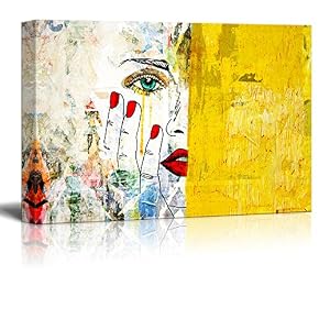 Abstract Sketch of a Woman Face and Yellow Grunge Paint