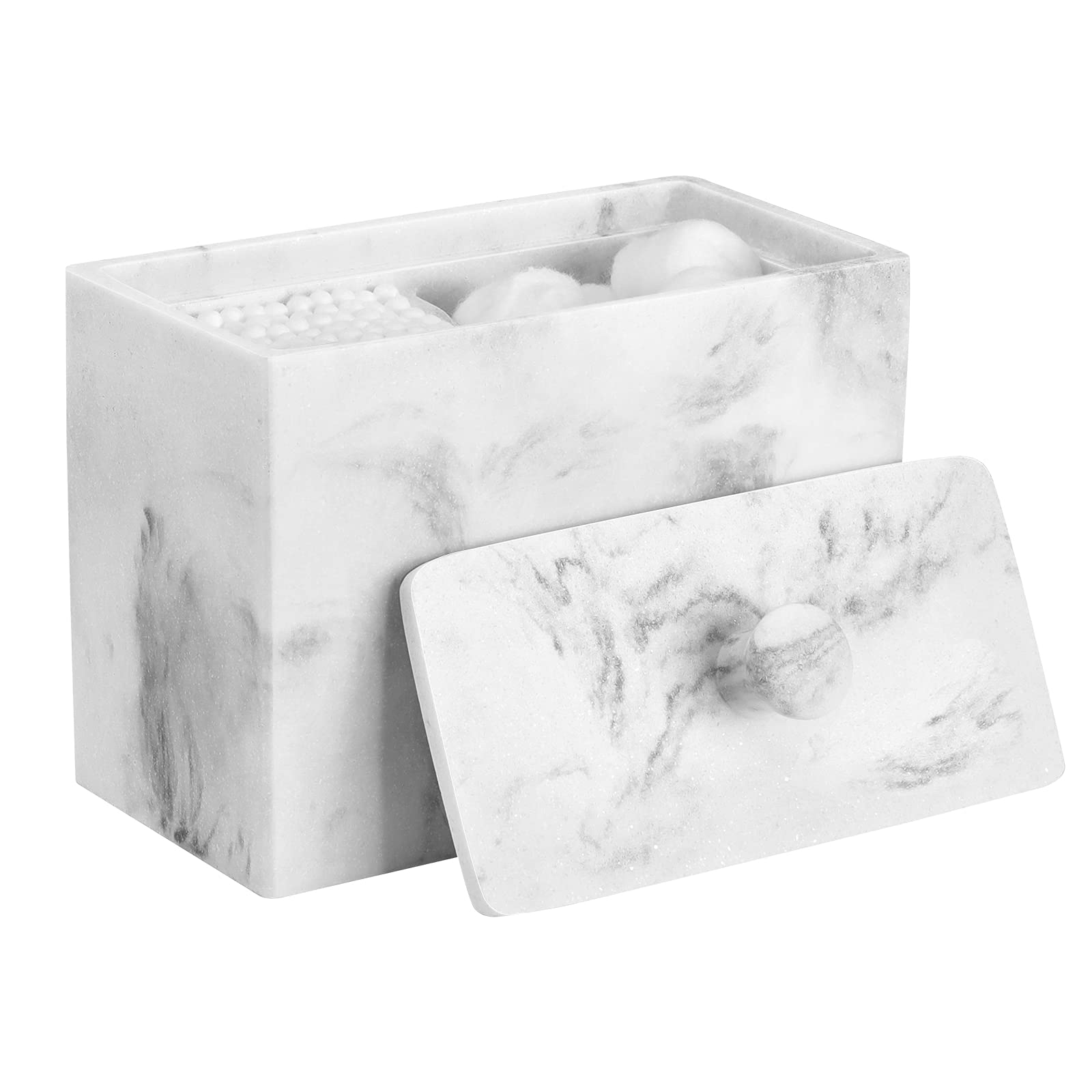 Luxspire Cotton Swab Holder, Resin Cotton Ball Canister with Lid, 2 Compartments Dispenser Storage Box Cosmetics Countertop Organizer Containers for Cotton Pads, Rounds - Gravel White