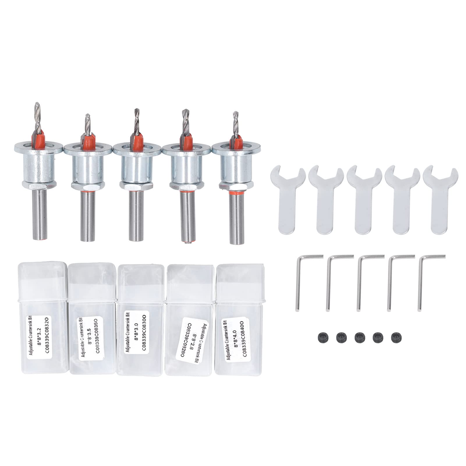 Countersink Drill Bit, 5Pcs 8mm Adjustable Countersink Drill Bit Set, Replaceable Drill Bits for Wood Metal Woodworking Countersink Drilling Bits with Case