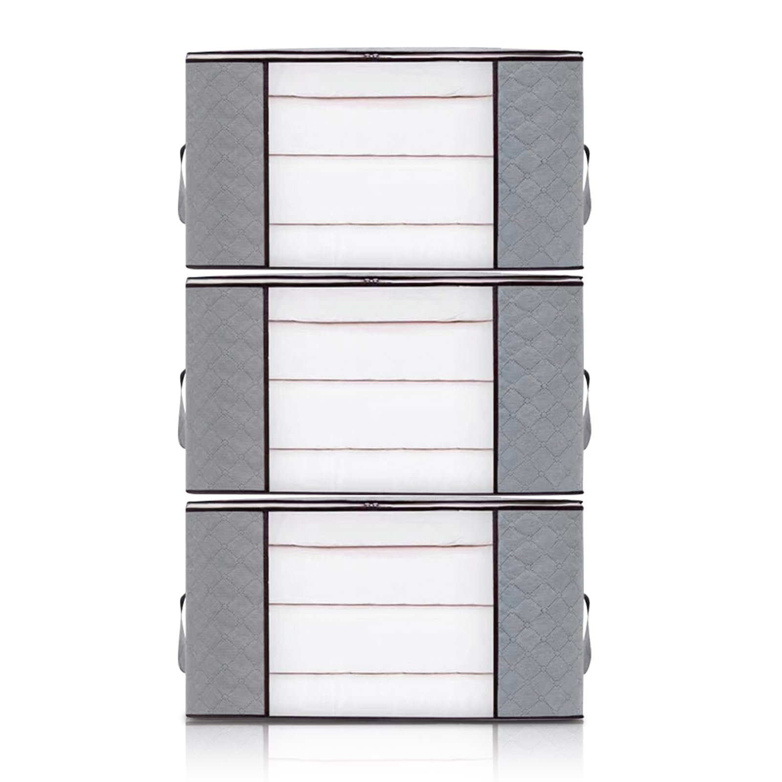 SUSNUAN Clothes Storage Bag 3 Pack 90L Foldable Large Capacity Clothes Storage Bag Organizer with Reinforced Handle Clear Window for Duvet, Blanket, Clothing, Shoes Bedding, Grey