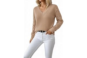Women's V Neck Long Sleeve Sweater Casual Solid Color Hollow Out Knit Pullover Tops