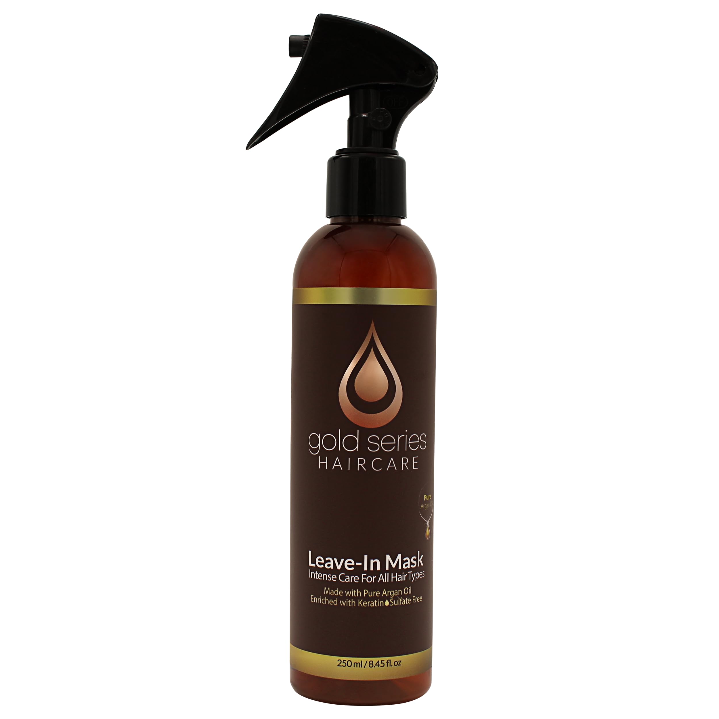 Photo 1 of Gold Series Leave-In Hair Mask – Argan Oil Hair Mask Enriched with Keratin – Nourishing and Gently Detangling Leave In Conditioner Spray For Curly Frizzy or Damaged Hair, 8.4 Fl.oz