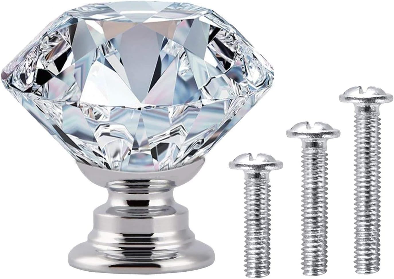 Vandicka 20 Pack 30mm Crystal Glass Cabinet Door Knobs Cupboard Wardrobe Dresser Drawer Pull Handles (Clear Diamond + Chrome Base) with Screws in 3 Sizes