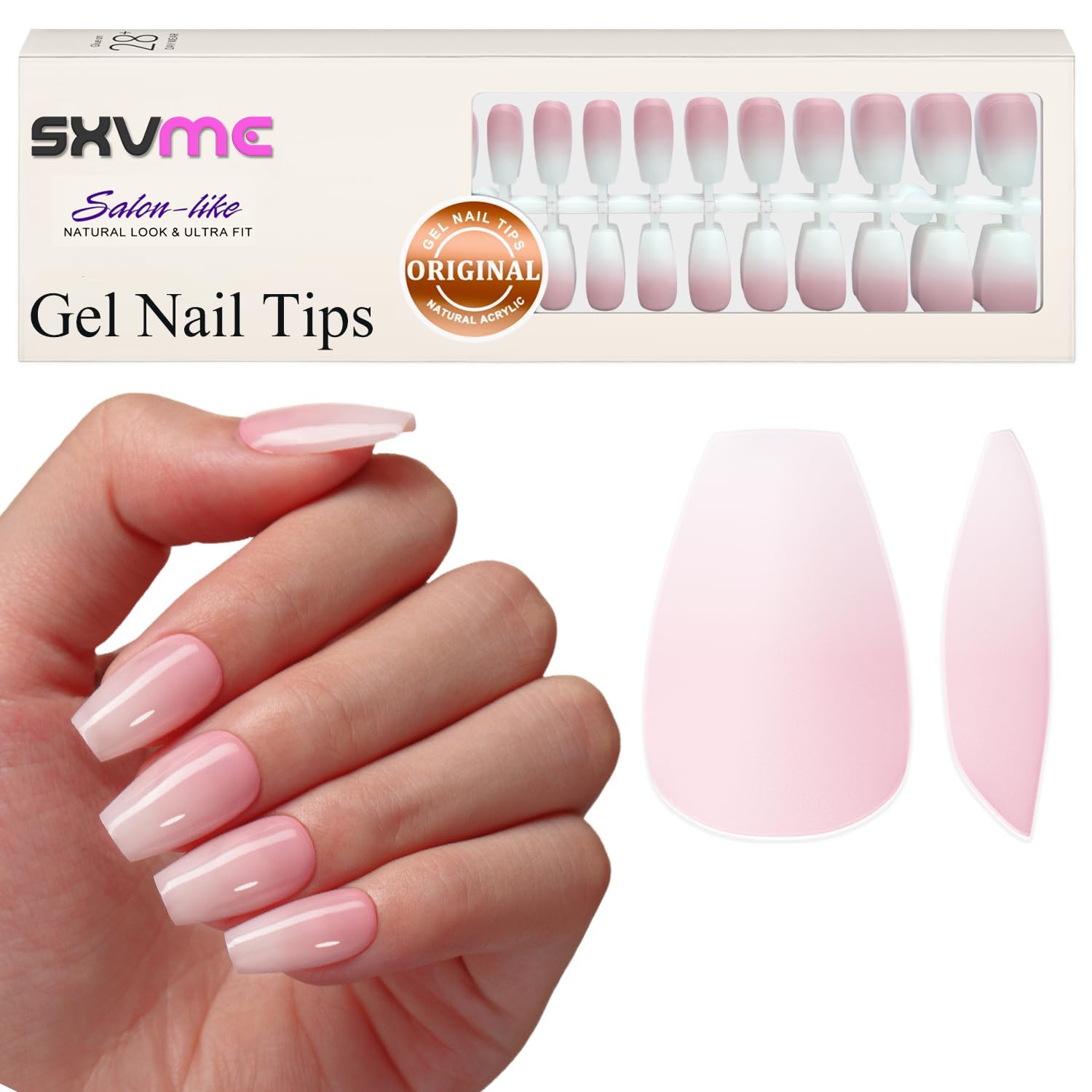 Photo 1 of Soft Gel Nail Tips Ombre Nails Short Coffin Gel Tips 150Pcs Pre-applied Tip Primer Nail Tips False Nails Press on, Pink White Gradient Press on Nails Medium Coffin Fake Nails Extensions
