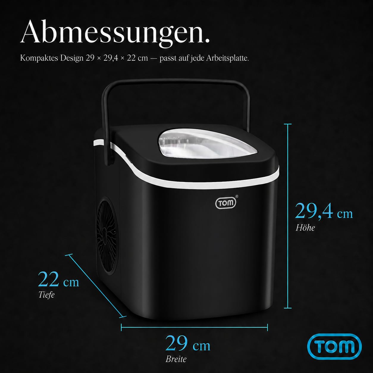 TOM Eiswürfelmaschine – 9 Eiswürfel in 6-8 min – 12 kg/24 h – 2 Würfelgrößen – Ice maker Eiswürfelmacher mit 1,3 l Wassertank – LED-Display – Inkl. Zubehör & Eiszange als Geschenk – Eiswürfelmaschine 9