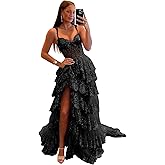 KIRGNT Sparkly Tiered Lace Tulle Prom Dresses Long Spaghetti Straps Formal Evening Party Gown
