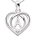 ALOV Jewelry Sterling Silver Initial Letter Alphabet Love Heart Cubic Zirconia Pendant Necklace