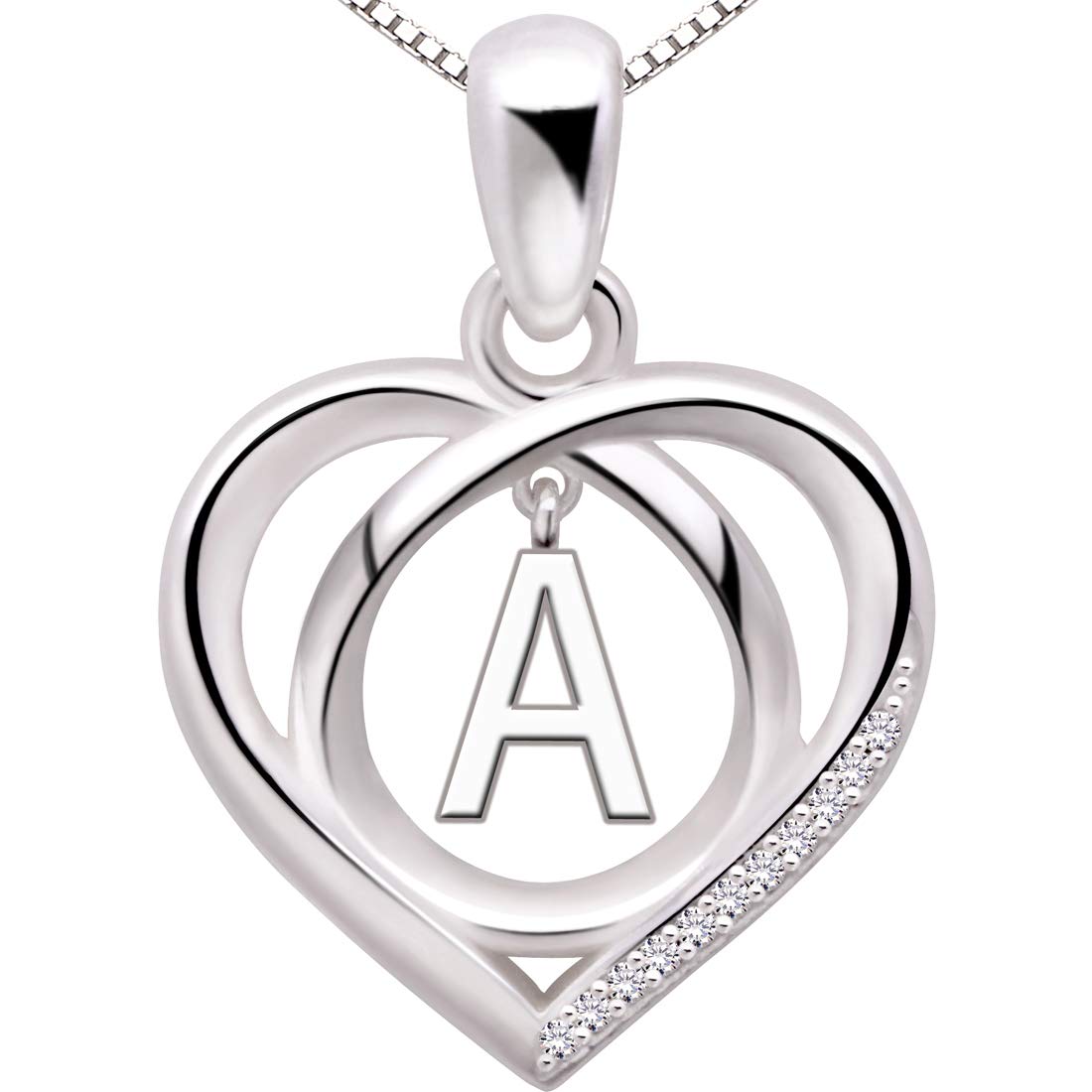 ALOV Jewelry Sterling Silver Initial A Letter Alphabet Love Heart Cubic Zirconia Pendant Necklace