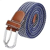 Ayliss Men's Elastic Fabric Woven Stretch Belt Leather Inlay,Blue&White