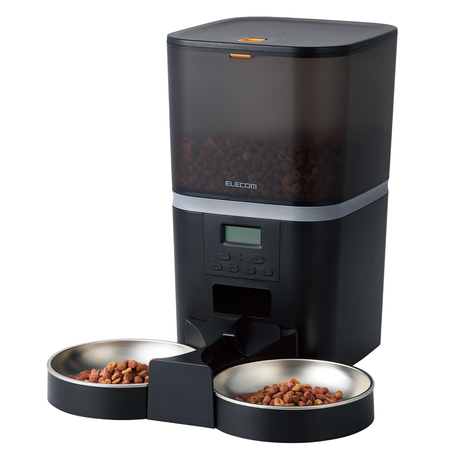 エレコム 自動給餌器 猫 中小型犬用 6L (約3.3kg) タイマー機能付 録音機能付 1日最大6回 蓋ロック機能 2皿 幅320×奥行355×高さ326.5mm ブラック PET-AF02BK商品画像