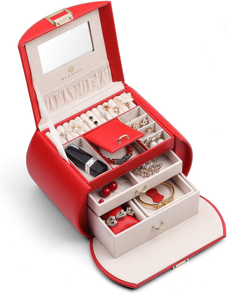 Vlando Mirrored Jewelry Box Organizers for Girls Women, Faux Leather Necklaces Earrings Rings Watch Storage Case (Red)