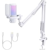 FEELWORLD VM1 White USB Gaming Condenser Microphone for pc, Boom Arm Stand | Noise Cancellation, Mute, RGB Light, Gaming Equipemnt, for Gifts YouTube Twitch Podcast Streaming Recording
