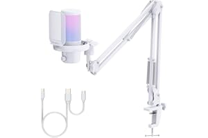 FEELWORLD VM1 White Gaming PC USB Microphone Condenser Mic with Noise Cancellation Mute RGB Light, Computer Accessories Gifts