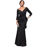 Xscape Women's Long 3/4 Sleeve V-Neck Side Ruched Gown (Reg and Petite)