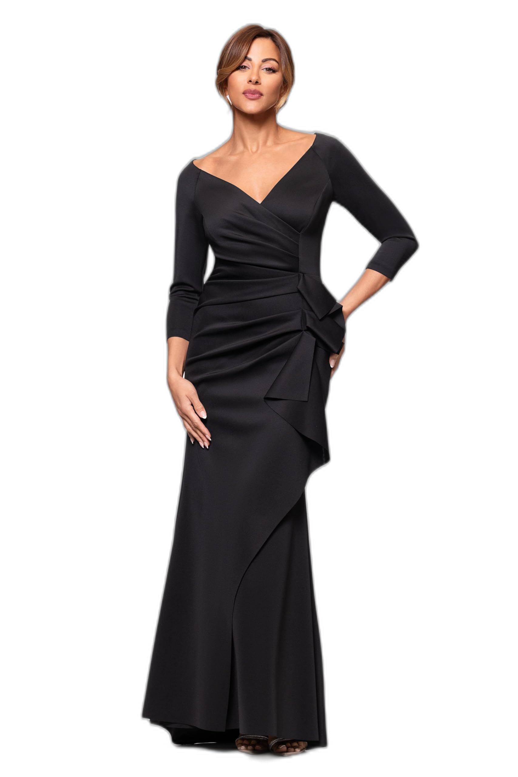 Photo 1 of Xscape Women's Long 3/4 Sleeve V-Neck Side Ruched Gown (Reg and Petite), Black, 12P
