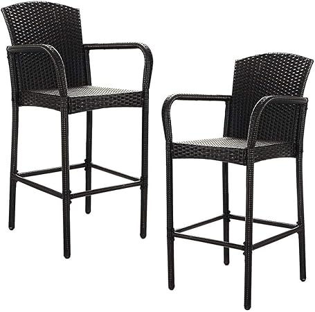 Amazon Com Jnwd Pub Height Patio Bar Stools Set Of 2 Pieces Outdoor Wicker Style Metal Modern Bar Counter Stool Chair Brown Rattan Seat Comfortable For Porch Balcony Backyard Poolside Living Room