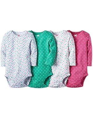 Baby Girls 4 Pack Long Sleeve Bodysuits (Dots Flowers)