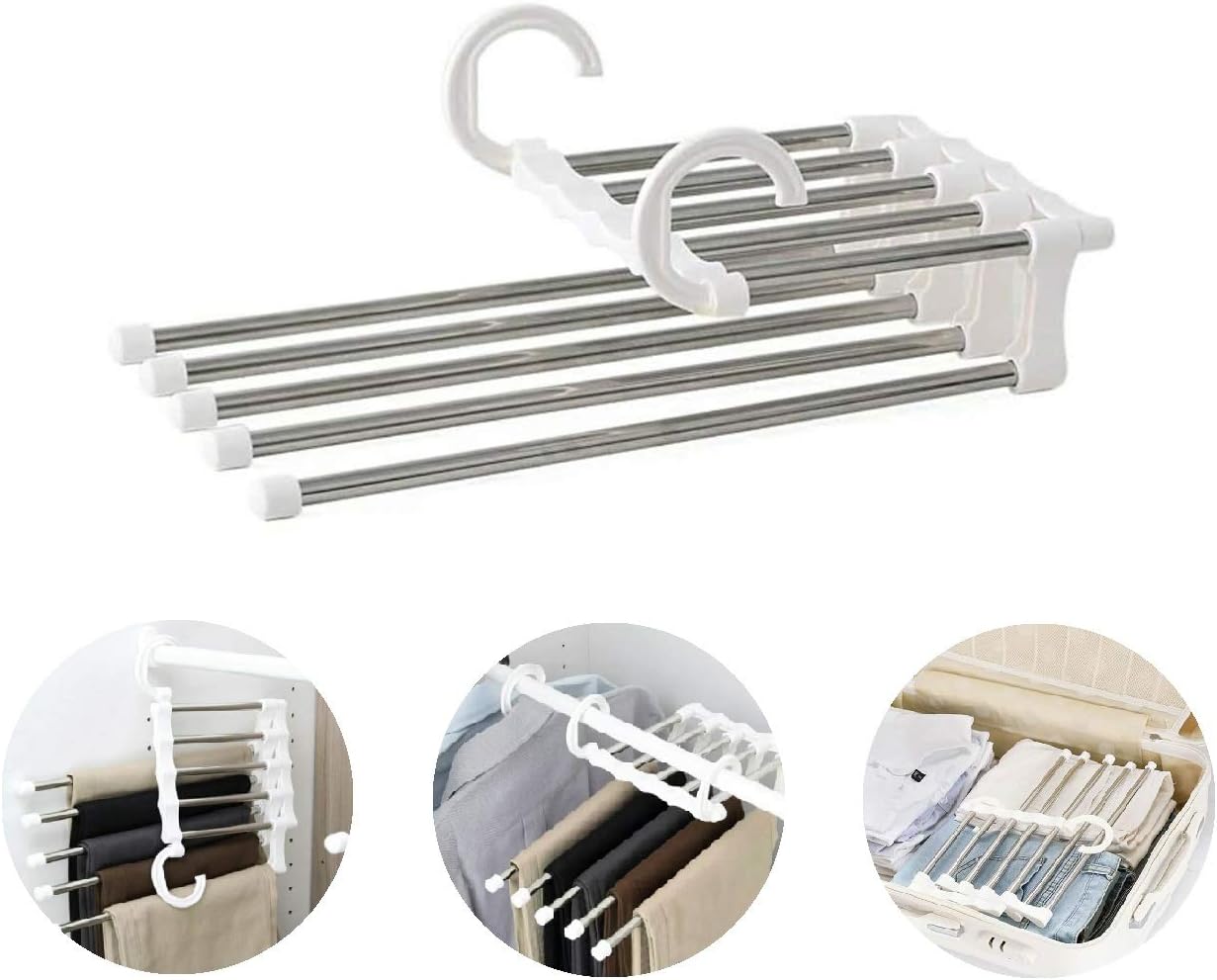 TabEnter Hanging Wrinkle-free 5 in 1 Magic Pants Rack,Creative Cabinet Multifunctional Telescopic Stainless Steel Drying Pants Rack,Double Hook(White)