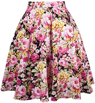 AKENA Women's Vintage Pleated High Waist Street Skater Knee Length A-line Skirt Casual Floral Print Swing Midi Skirt