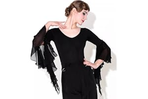 Yhhsgscr Ladies' V Neck Ballroom Bodysuit Elegant Modern Dance Top Flared Chiffon Sleeves Tango Foxtrot Training Costume