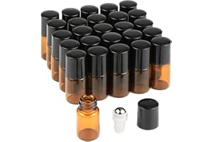 Wresty 25 Pcs Essential Oil Glass Roller Bottles Mini Tiny Refillable Empty Aromatherapy Perfume Liquid Amber Glass Roll On Bottles Vials Metal Rollerball Bottles Jar (2ml)