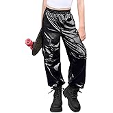 Haloumoning Girls Metallic Cargo Jogger Pants Kids Sparkly Hip Hop Dance Outfits High Waist Pants 5-14 Years