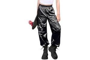 Haloumoning Girls Metallic Cargo Jogger Pants Kids Sparkly Hip Hop Dance Outfits High Waist Pants 5-14 Years
