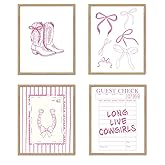 YZSLA Pink Trendy Preppy Cowgirl Wall Art Prints, Coquette Bow Western Long Live Cowgirls Poster Art Prints, Preppy Wall Decorations for Girly Room Bedroom Dorm Decor, 8x10 Inches Unframed Set of 4
