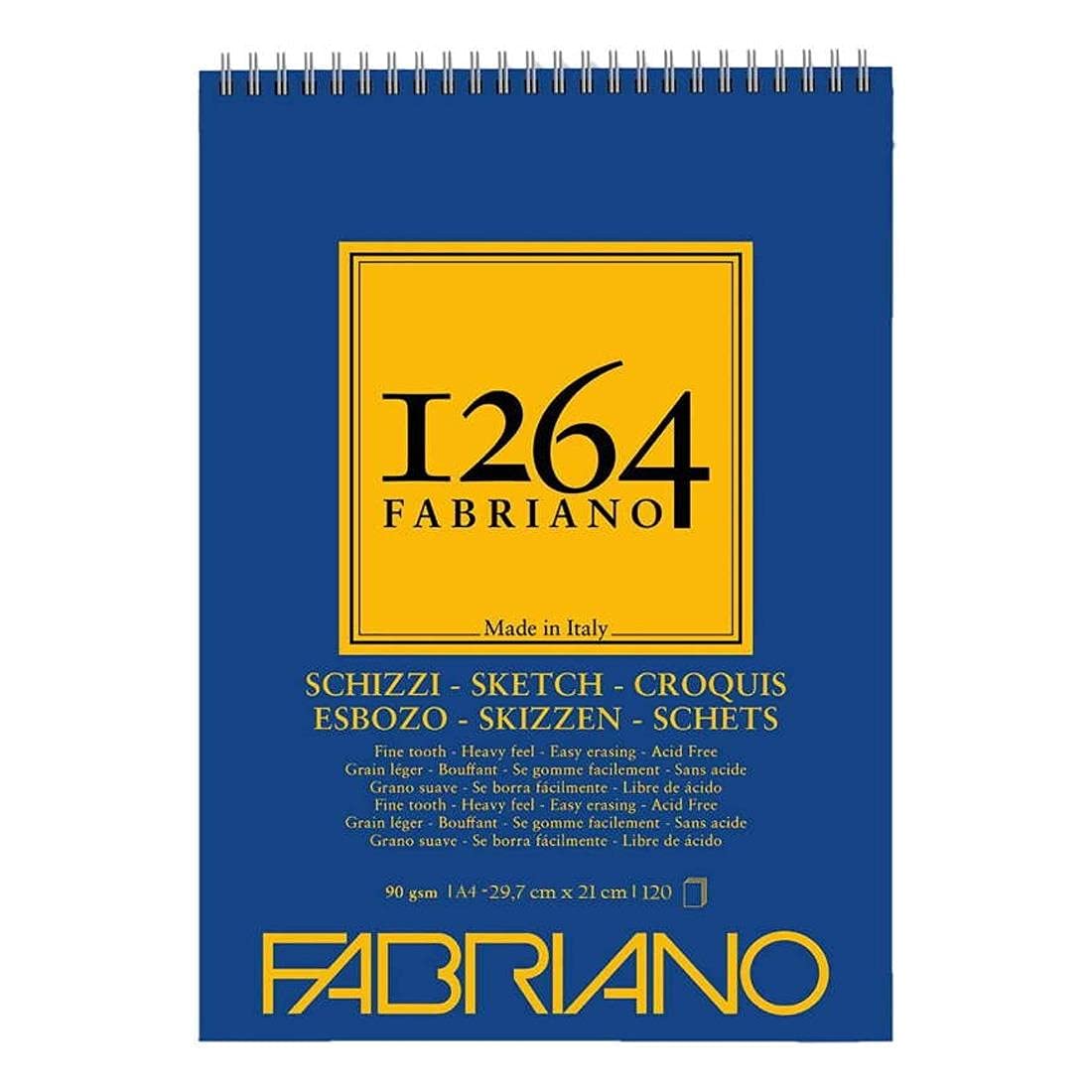 Honsell Fabriano Schizzi 1264 19100637 Sketch Paper with Spiral Head, 90 g/m², DIN A4, 120 Sheets Ivory White, Acid Lightly Grained for All Drying Techniques