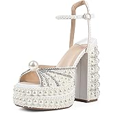 Saint Leia Women's Platform High Heels Square Open Toe Pearl Heels Buckle Rhinestones Summer Elegant Sandals