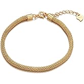 18K Gold Plated 925 Sterling Silver Mesh Chain Bracelet, Adjustable 6–7.5 Inch, Minimalist Layered Jewelry for Women