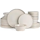 Famiware Plates and Bowls Sets, Annecy Stoneware Dinnerware Sets for 8, 24 Pieces Dish Set, Plate with Lip Edge, Reactive Glaze Tableware - Microwave & Dishwasher Safe, Grey-White