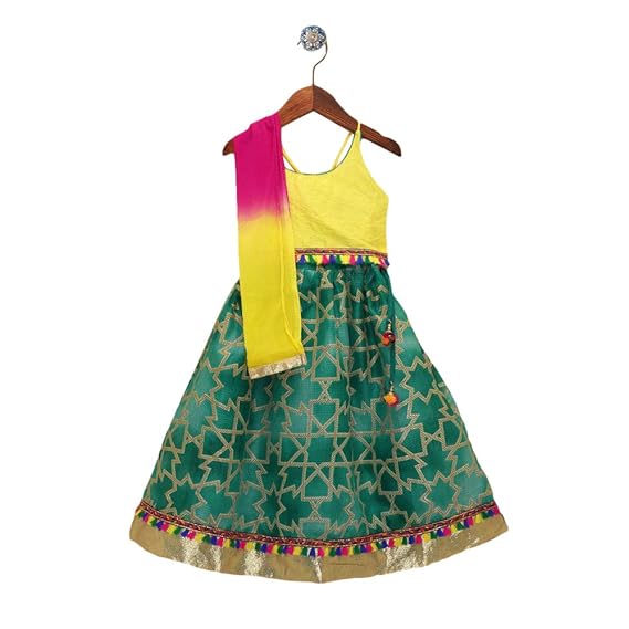Kid1 By Hopscotch Boys Silk And Festive Pom Pom Lace Lehenga Choli in Yellow Color