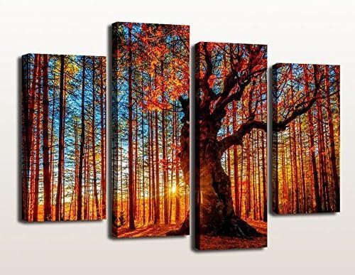 Damenight 4 Panels modern canvas painting wall art for home decor Large Red Trees Sunset Woods Canvas Painting Pictures Prints Photo Wall Art Decor