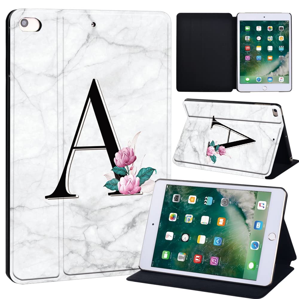 initial letter Printed FINDING CASE Fit Apple iPad Mini 4/5 Tablet - Printed PU Flip Leather Smart Lightweight Shell Stand Cover Case for iPad Mini 4 Mini 5 (letter A on white marble)
