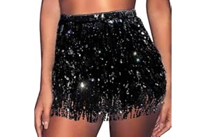 REETAN Mardi Gras Fringe Sequin Skirt Sparkly St. Patrick's Day Hip Scarf Rave Belly Dance Skirts for Women