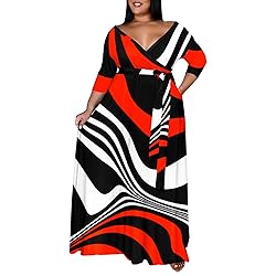 Runwind Plus Size Dress for Women 3/4 Sleeve V Neck