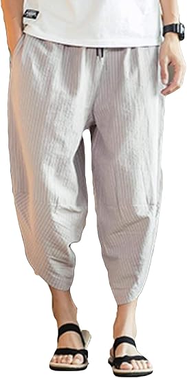 Amazon Debangniサルエルパンツ メンズ 夏 ワイドパンツ ハロンパンツ 薄手 涼しい 七分丈 ビーチパンツ ストライプ カジュアル パンツ リゾート風 原宿風 ｂf風 ミディアムパンツ 通販