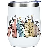 Wine Tumbler, 12 oz Coffee Mug Travel Insulated Cup Vacuum Wine Glass with Lid, Book Lovers Gifts Birthday Christmas Friendship Reading Book Accessories Bookish Librarian Gifts for Women Girls Reader