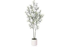 LOMANTO Artificial Olive Trees, 5 ft Tall Fake Olive Trees for Indoor, Faux Olive Silk Tree, Large Olive Plants with White Planter for Home Decor and Housewarming Gift, 1 Pack