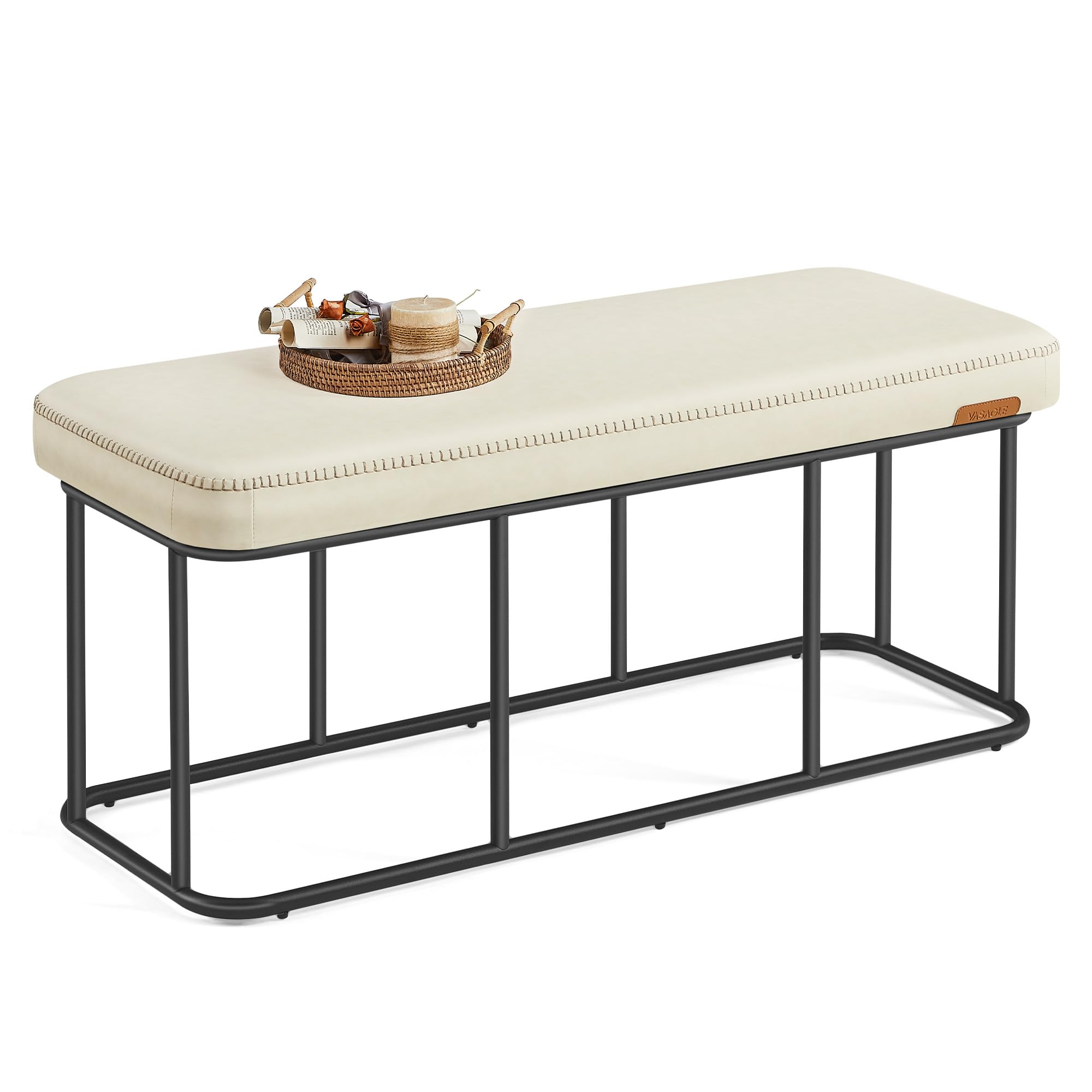 VASAGLE EKHO Collection - Storage Bench for Entryway, Ottoman Bench with Steel Frame, 43.3-Inch Wide, Synthetic Leather, Living Dining Room, Mid-Century Modern, Loads 660 lb, Cream White ULOM085W02 Image